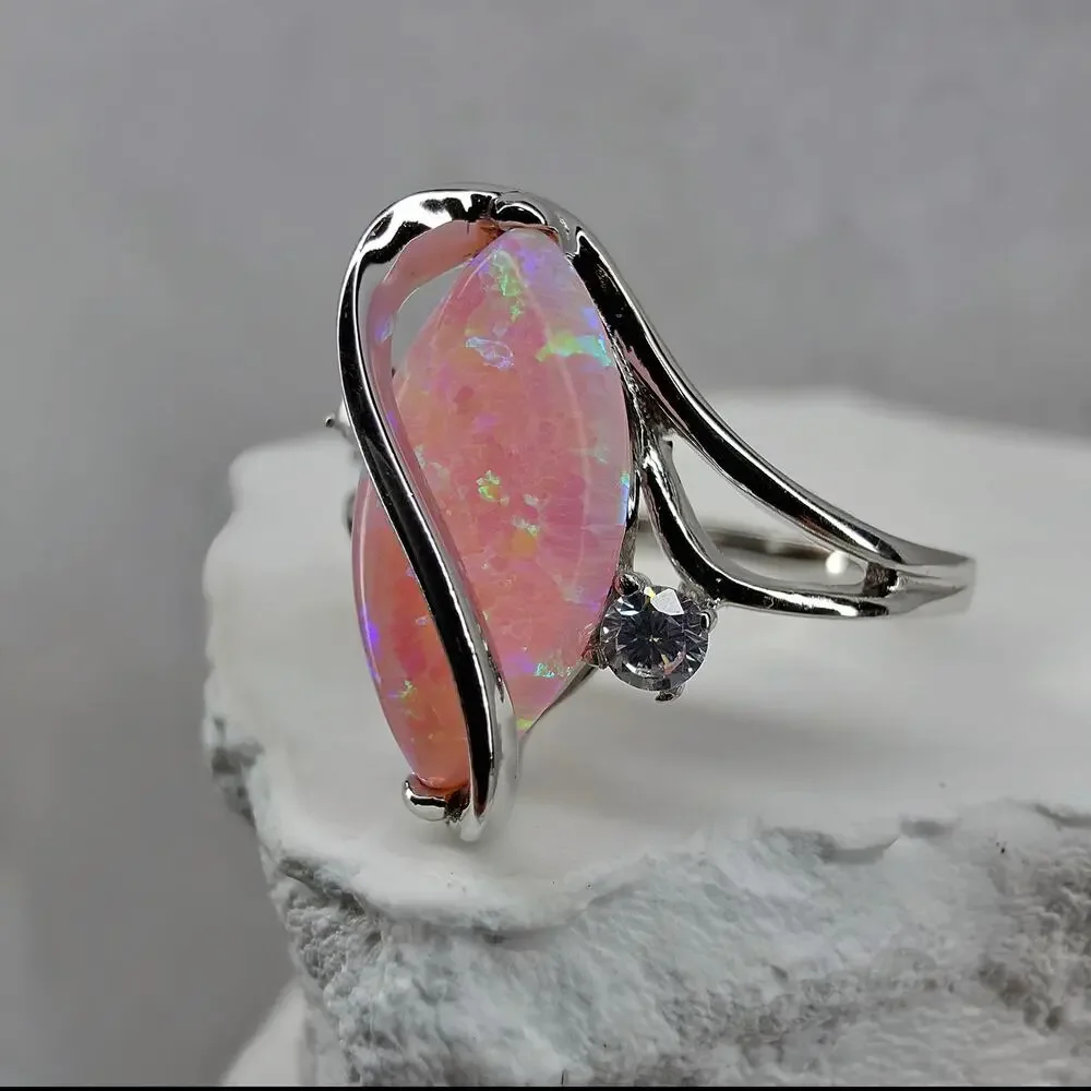 Size 9 Marquise Pink Fire Opal Ribbon Bypass Ring in Solid 925 Sterling Silver